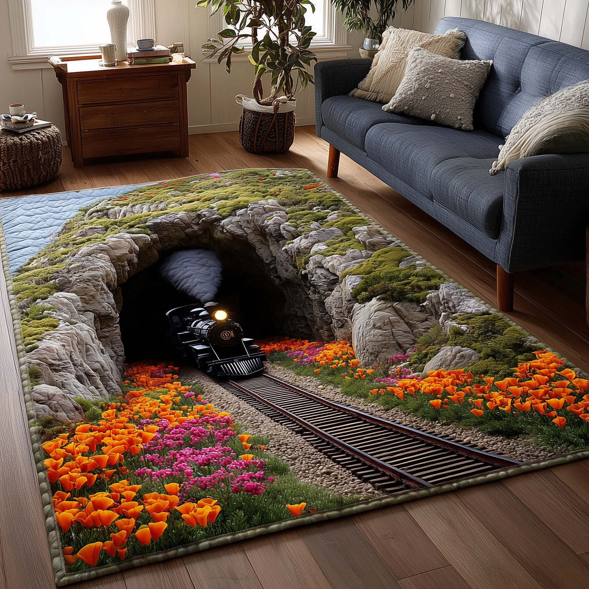 Poppy Canyon Train area rug in a living room