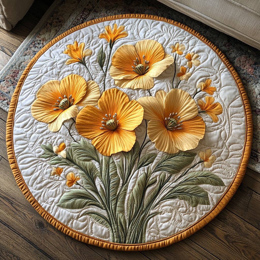 Poppy Charm Round Mat Rug - washable non-slip printed rug
