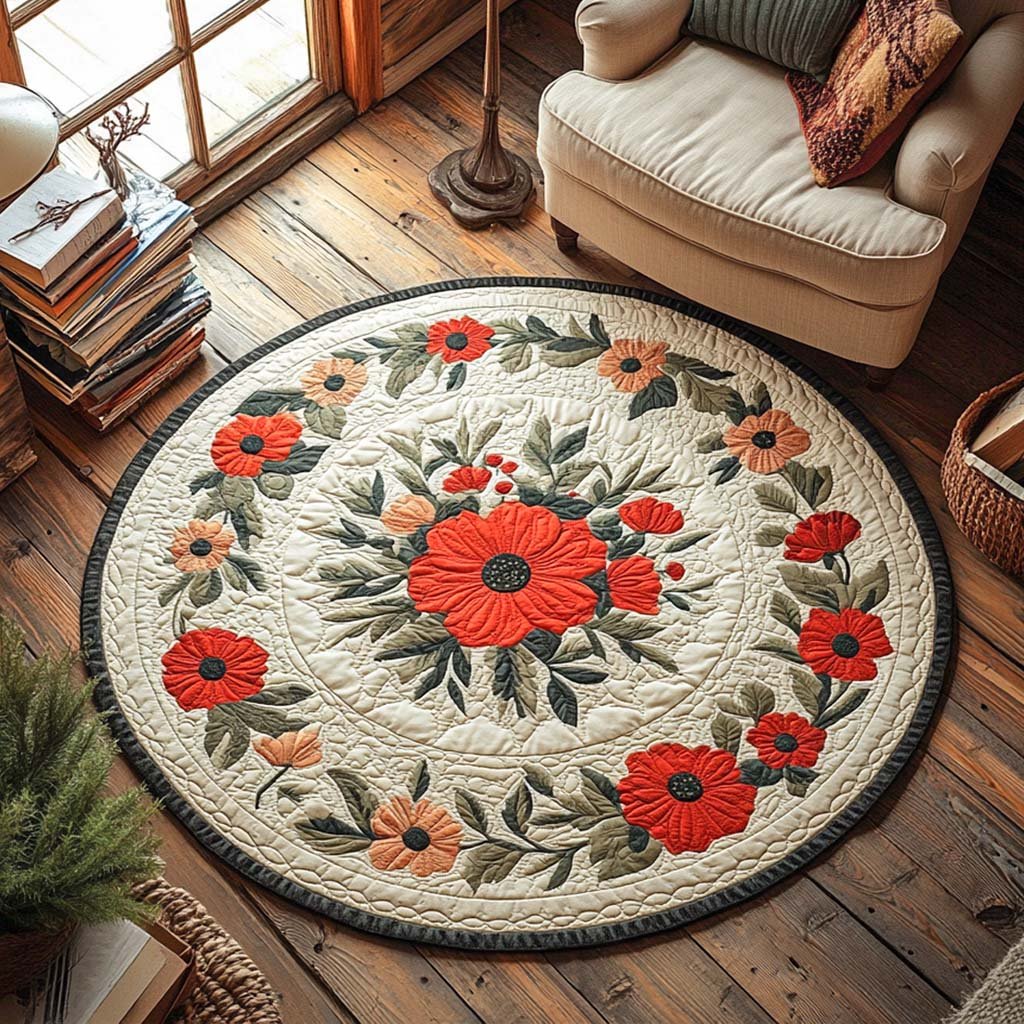 Poppy Meadow Breeze Round Mat Rug - washable non-slip printed rug