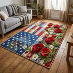 Poppy Patchwork area rug in a living room