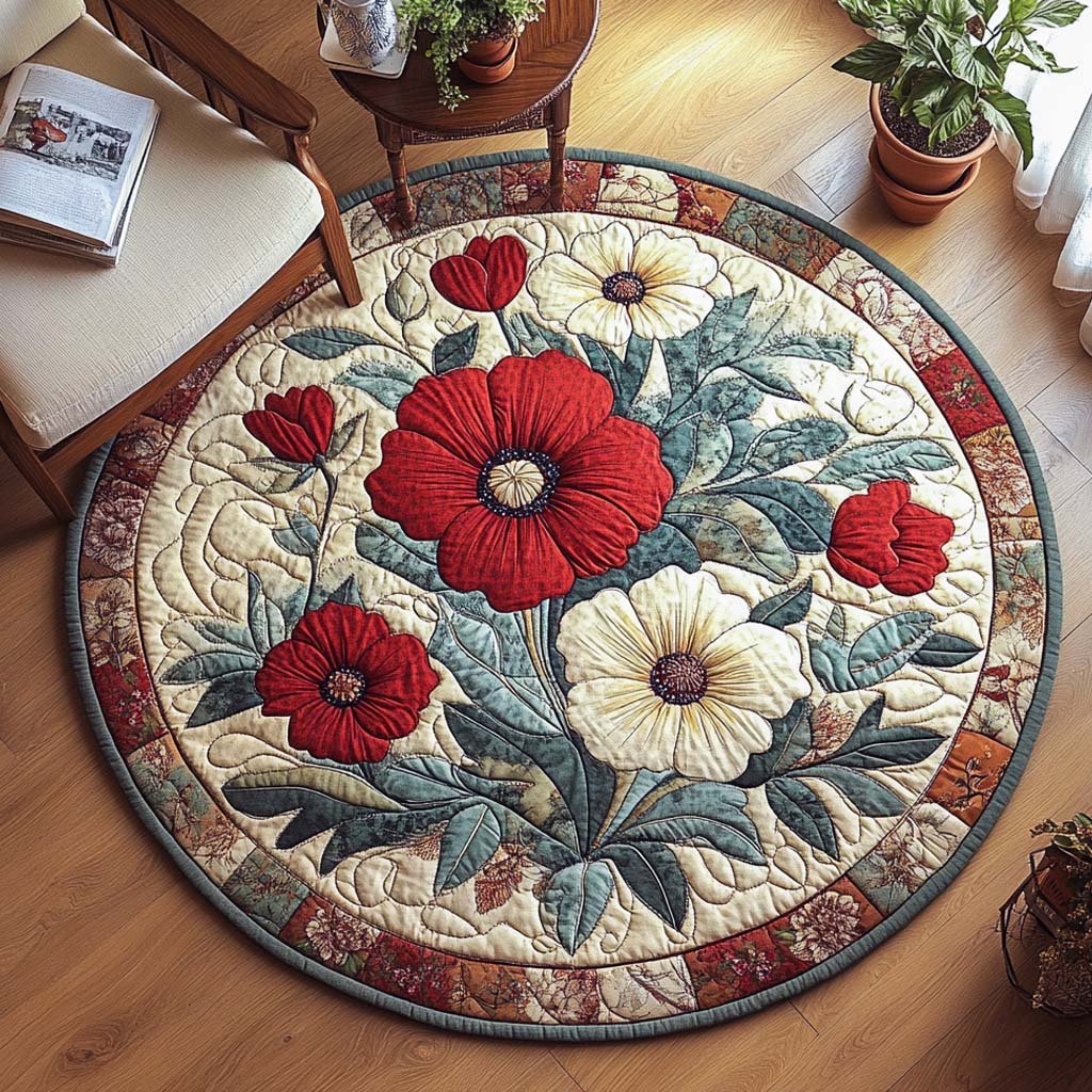 Poppy Petal Charm Round Mat Rug - washable non-slip printed rug