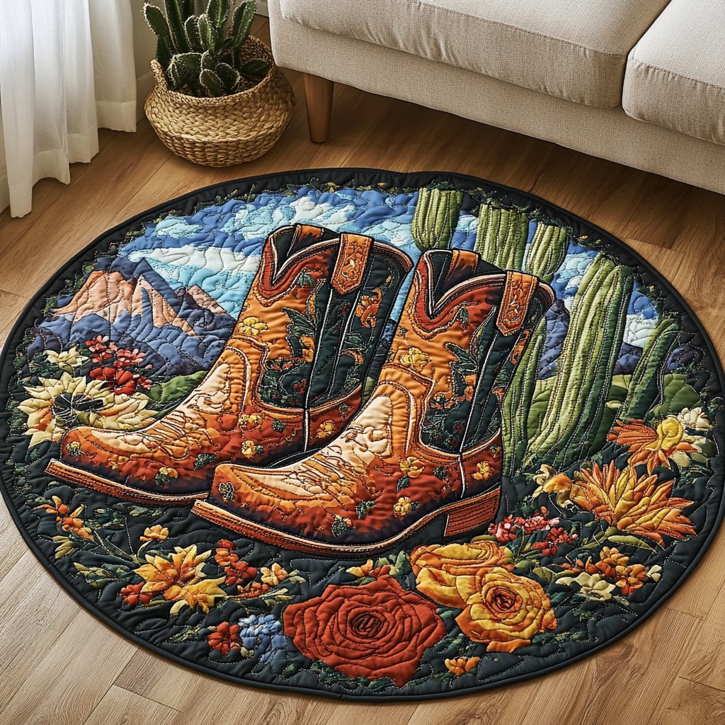 Prairie Boots Round Mat Rug - washable non-slip printed rug