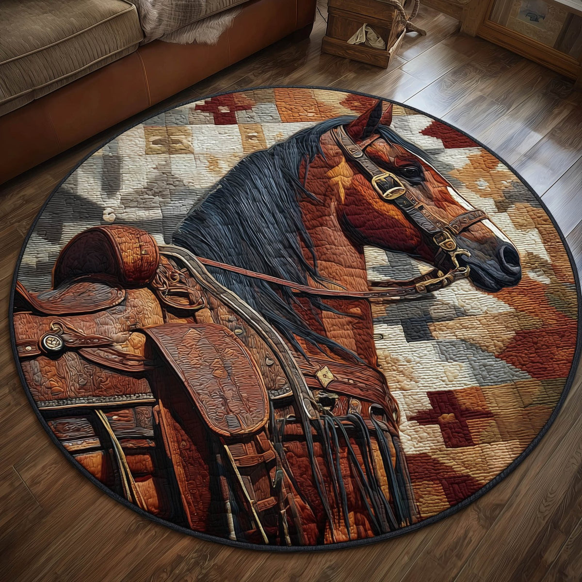 Prairie Horse Round Mat Rug - washable non-slip printed rug