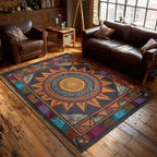 Prairie Wind Mandala area rug in a living room