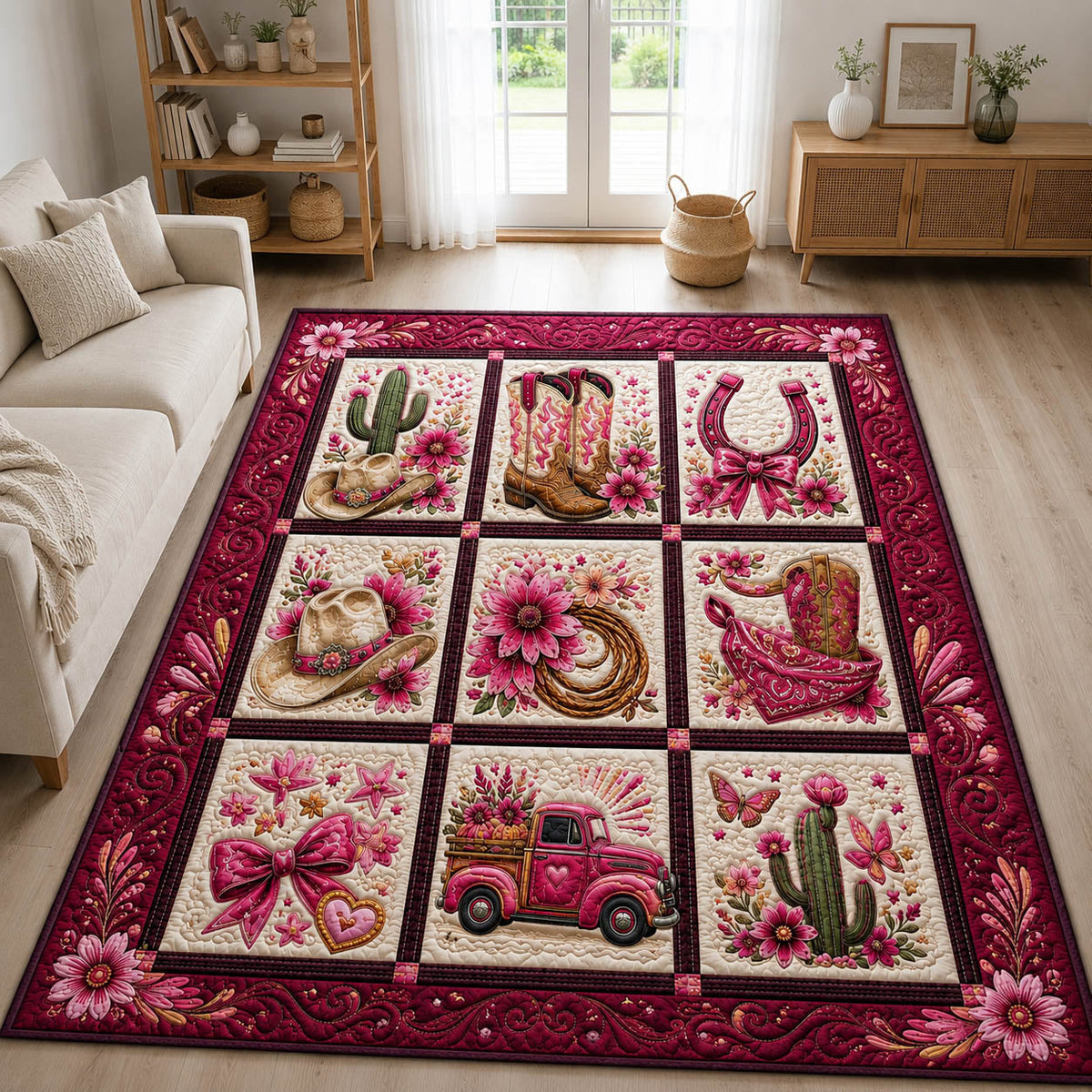 Preppy Cowgirl Patch area rug in a living room