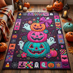Preppy Neon Halloween Pumpkin area rug in a living room