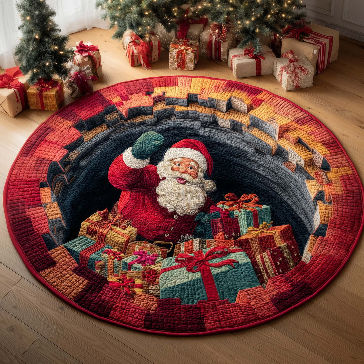 Present Santa Christmas Round Mat Rug - washable non-slip printed rug