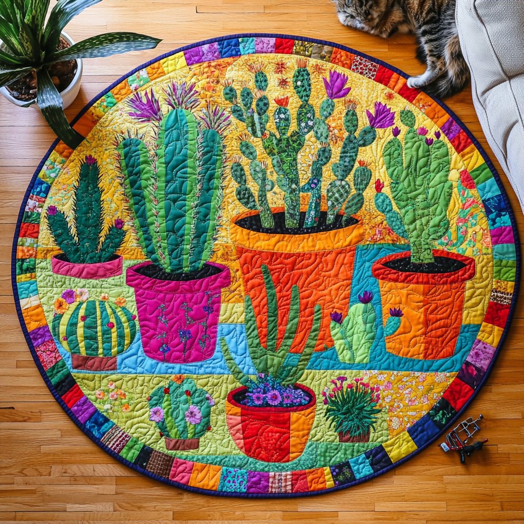 Prickly Pear Sanctuary Round Mat Rug - washable non-slip printed rug