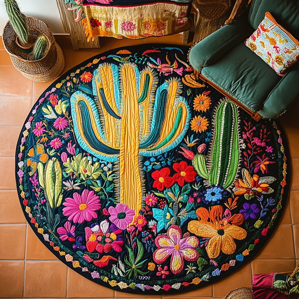 Prickly Serenity Spot Round Mat Rug - washable non-slip printed rug