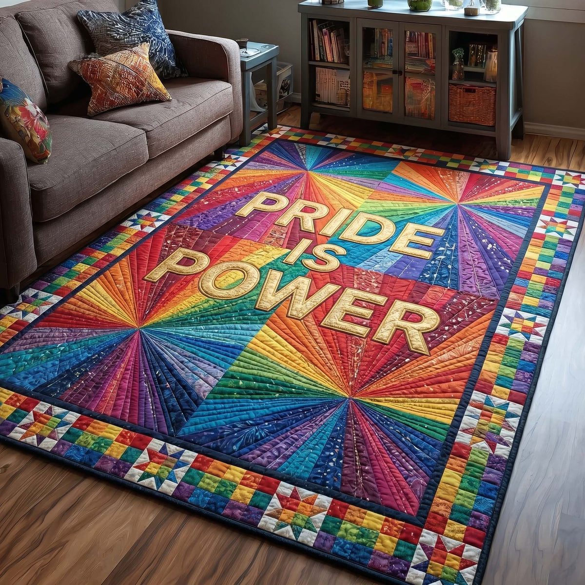 Pride Power Burst area rug in a living room