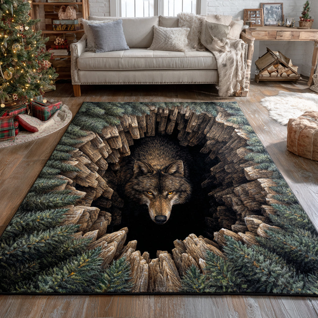 Primal Wolf Sanctuary area rug in a living room