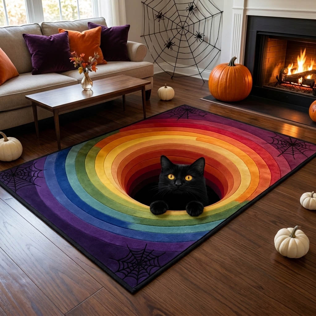 Prismatic Cat Tunnel area rug in a living room