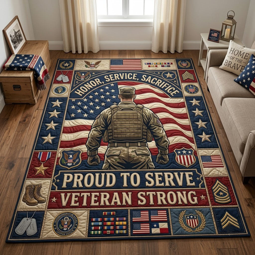 Proud To Serve area rug in a living room