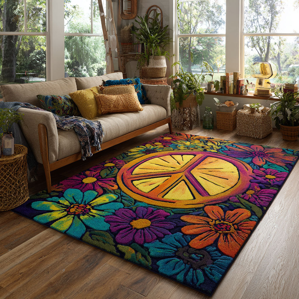 Psychedelic Bloom area rug in a living room