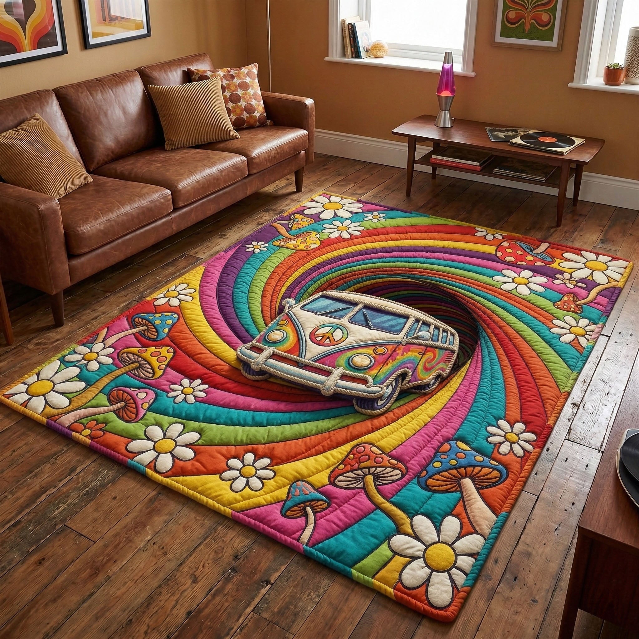 Psychedelic Drive area rug in a living room