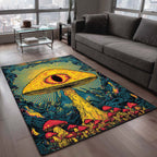 Psychedelic Mushroom Eye area rug in a living room