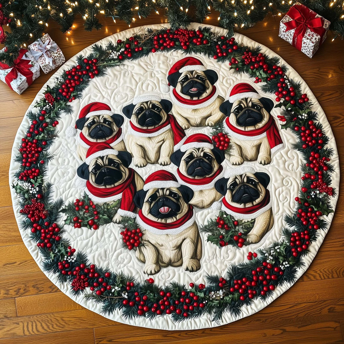 Pug Holiday Christmas Round Mat Rug - washable non-slip printed rug