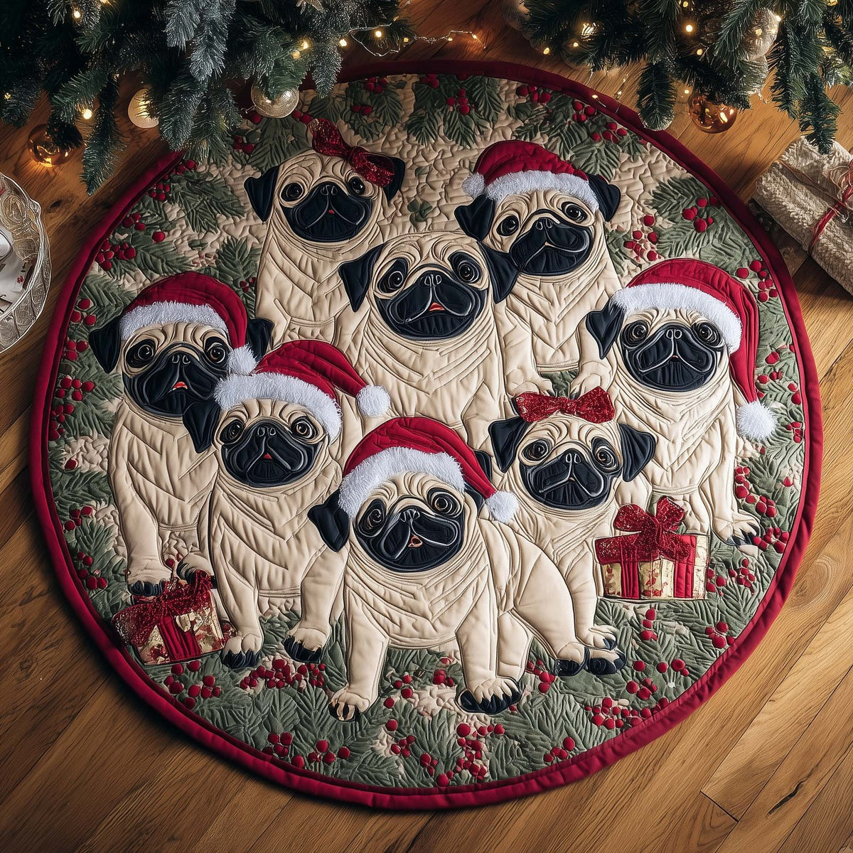 Pug Holiday Christmas Round Mat Rug - washable non-slip printed rug