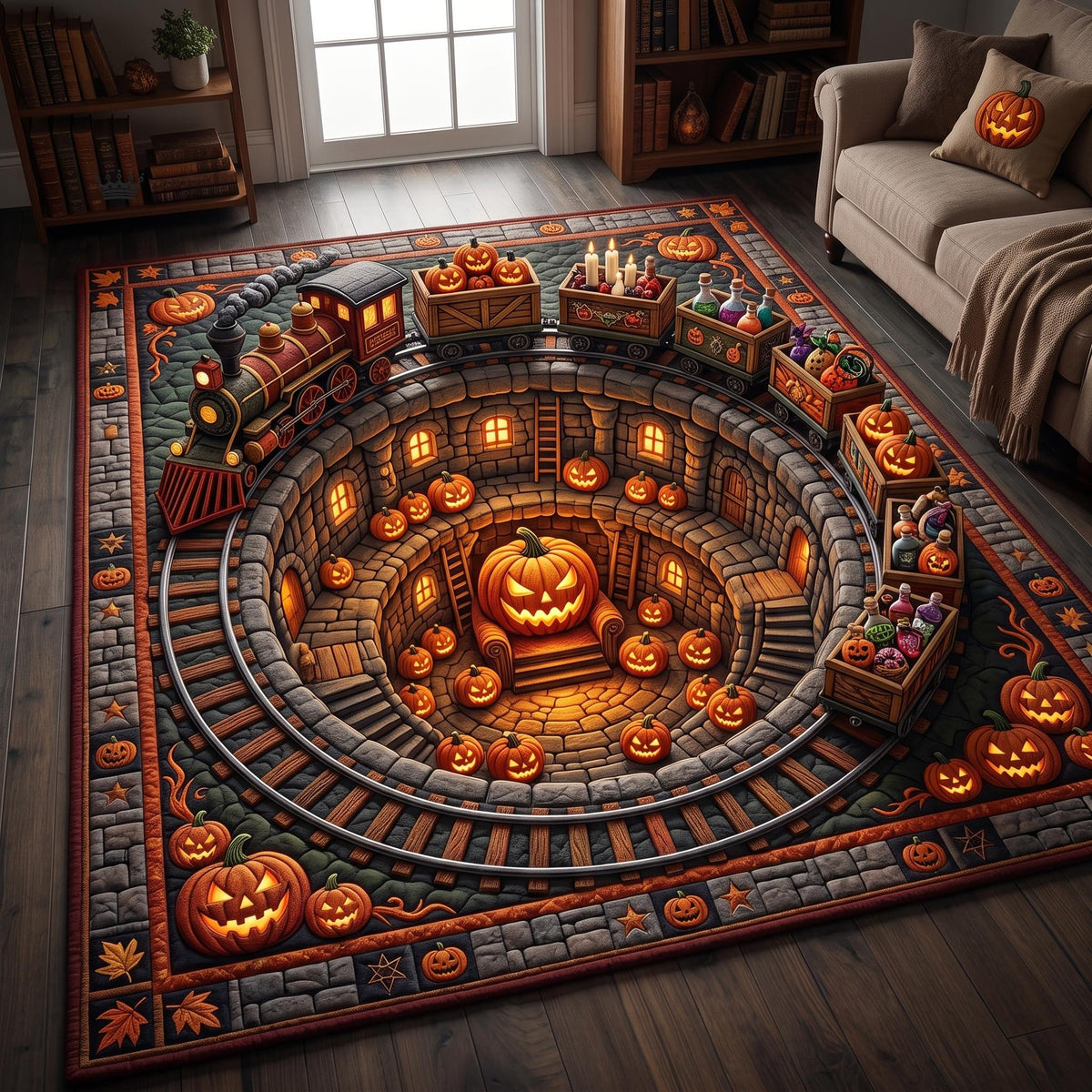Pumpkin Abyss area rug in a living room