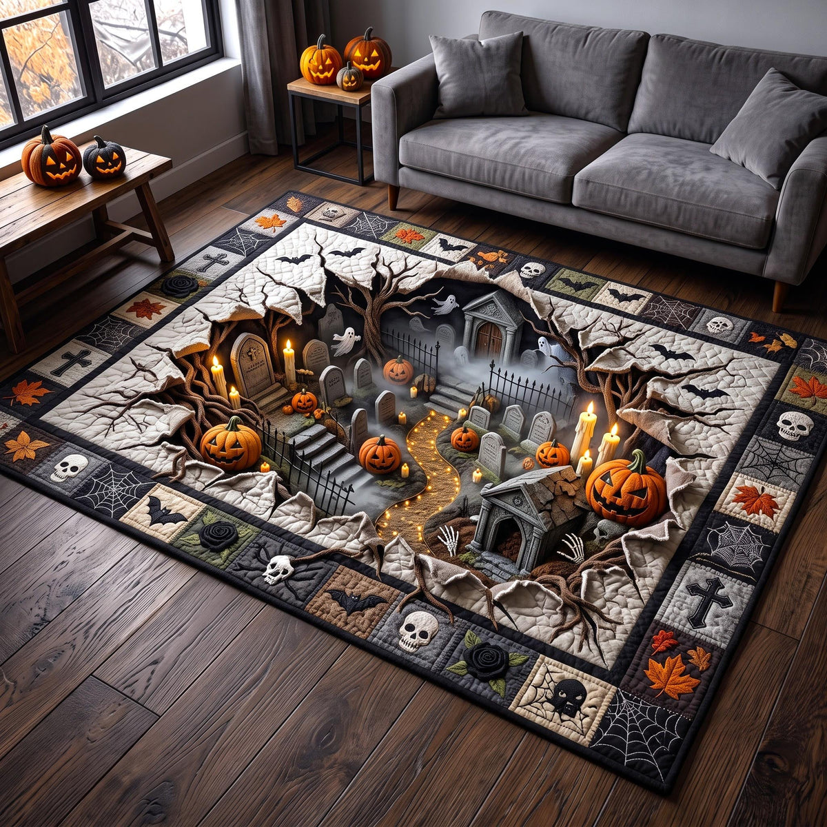Pumpkin Abyss area rug in a living room