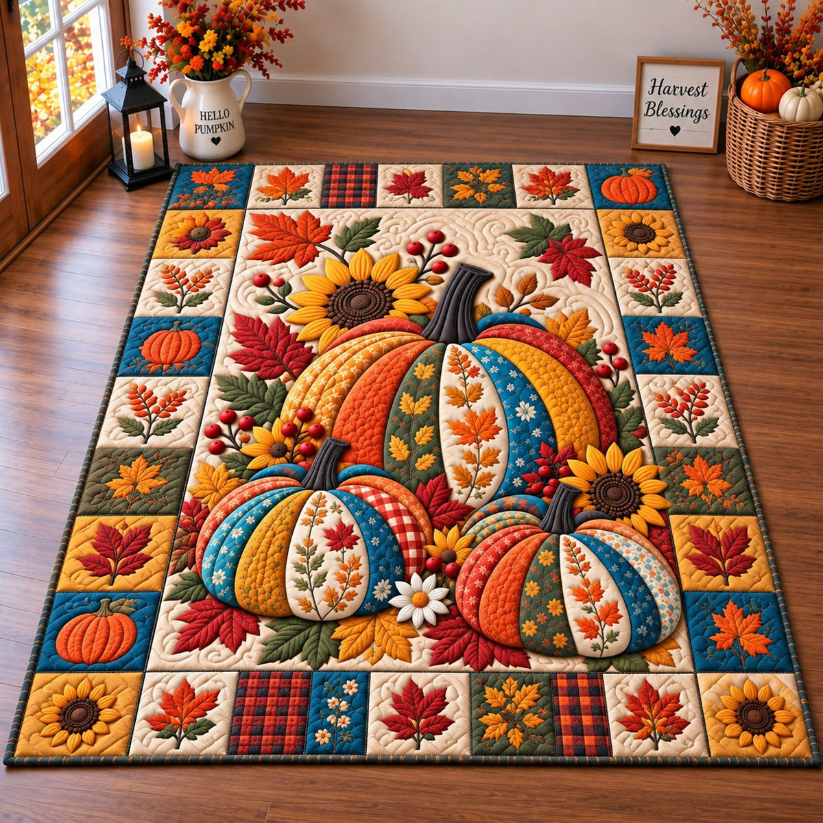 Pumpkin Autumn Dreams area rug in a living room