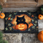 Pumpkin Cat Glow Doormat - Seasonal Holiday Design | Printed Welcome Doormat