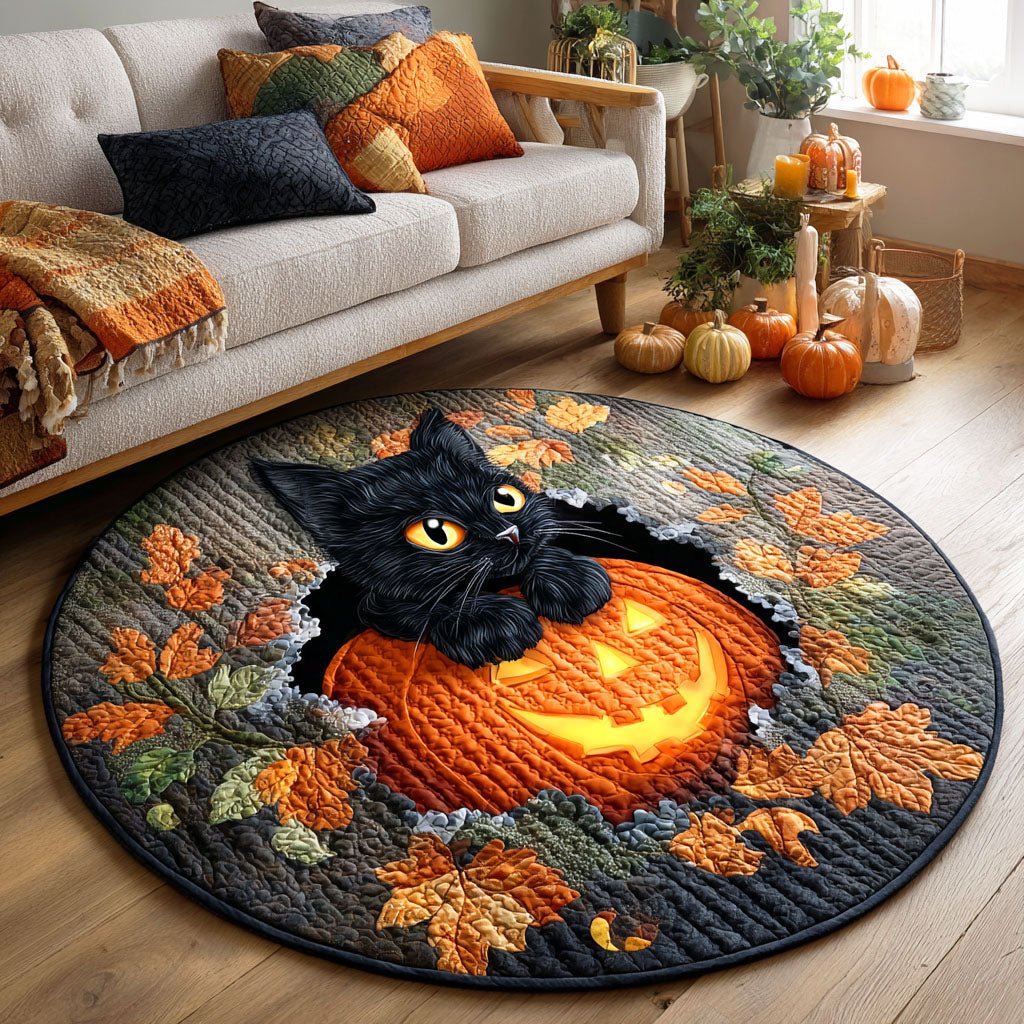 Pumpkin Cat Glow Halloween Round Mat Rug - washable non-slip printed rug
