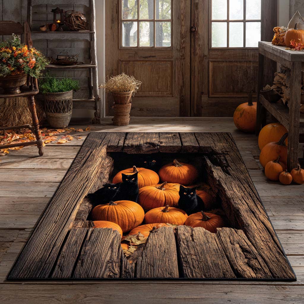 Pumpkin Cat Hollow area rug in a living room