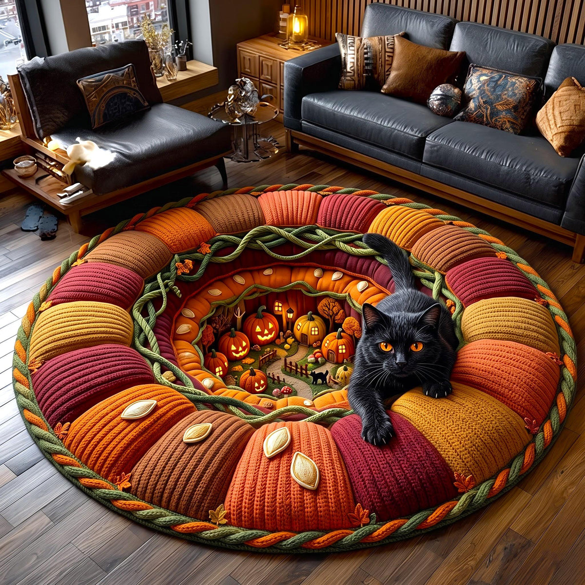Pumpkin Cat Round Mat Rug - Seasonal Design | Festive Home Decor - washable non-slip printed rug