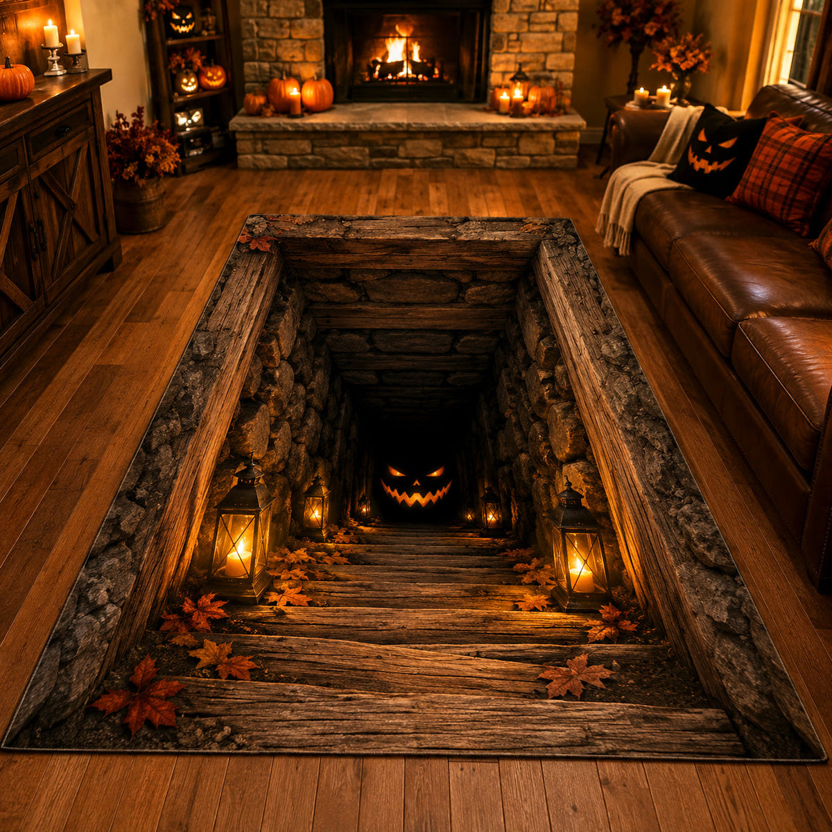 Pumpkin Cellar area rug in a living room
