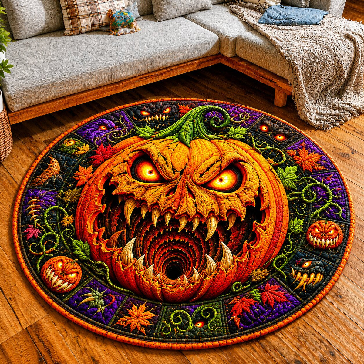 Pumpkin Charm Round Mat Rug - Seasonal Design | Festive Home Decor - washable non-slip printed rug