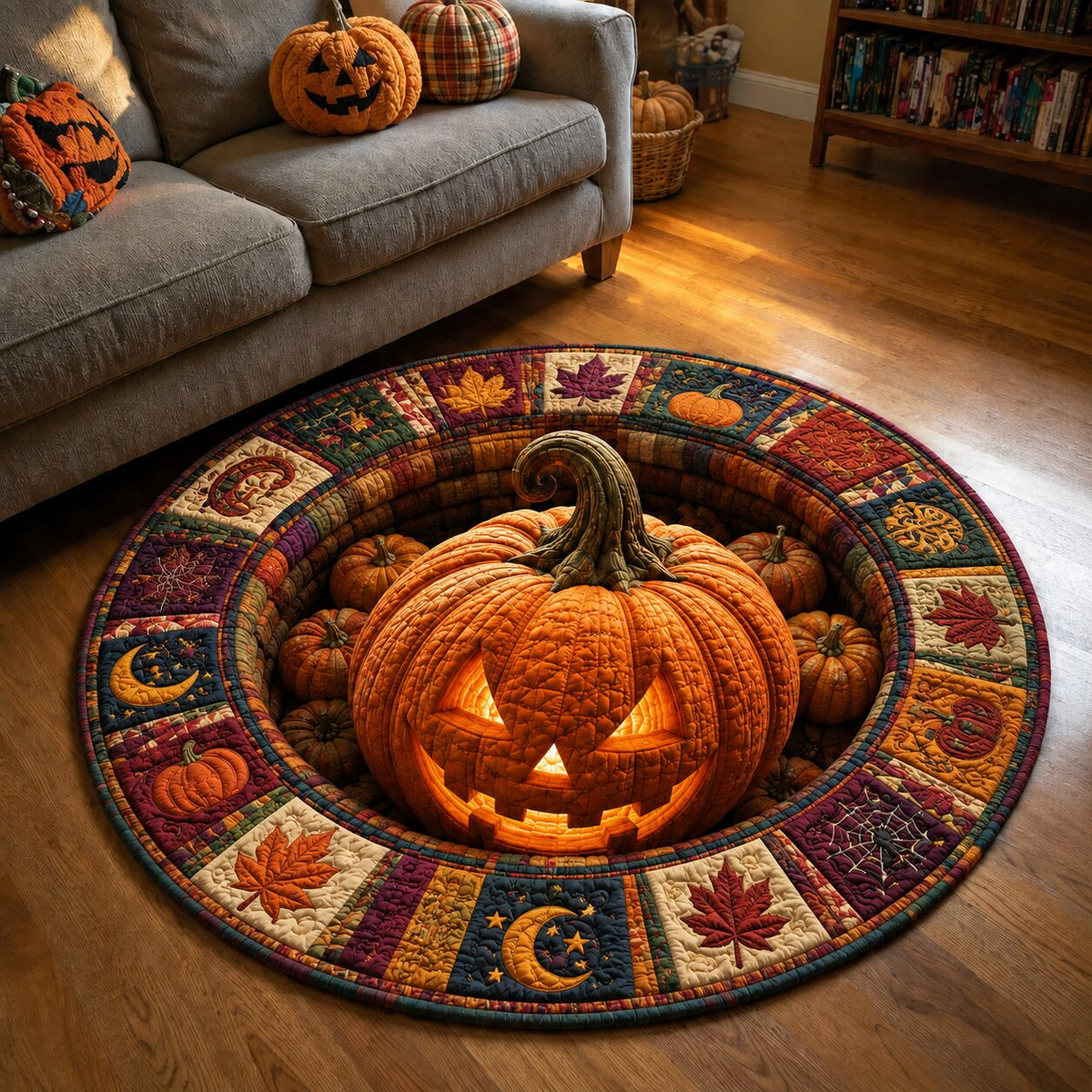 Pumpkin Cheer Round Mat Rug - Seasonal Design | Festive Home Decor - washable non-slip printed rug
