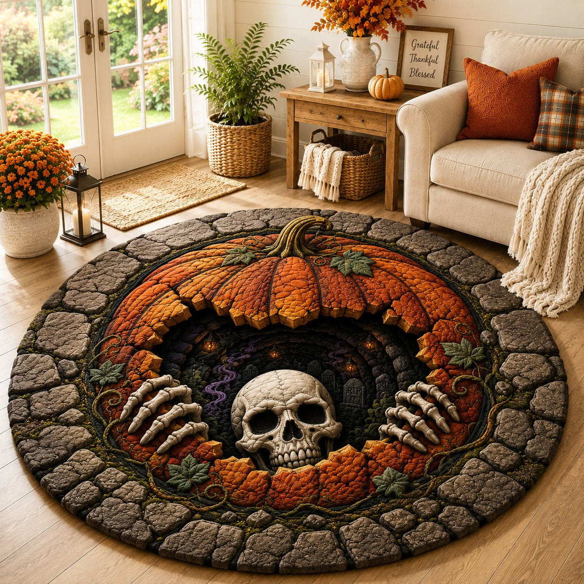 Pumpkin Crypt Hollow Halloween Round Mat Rug - washable non-slip printed rug