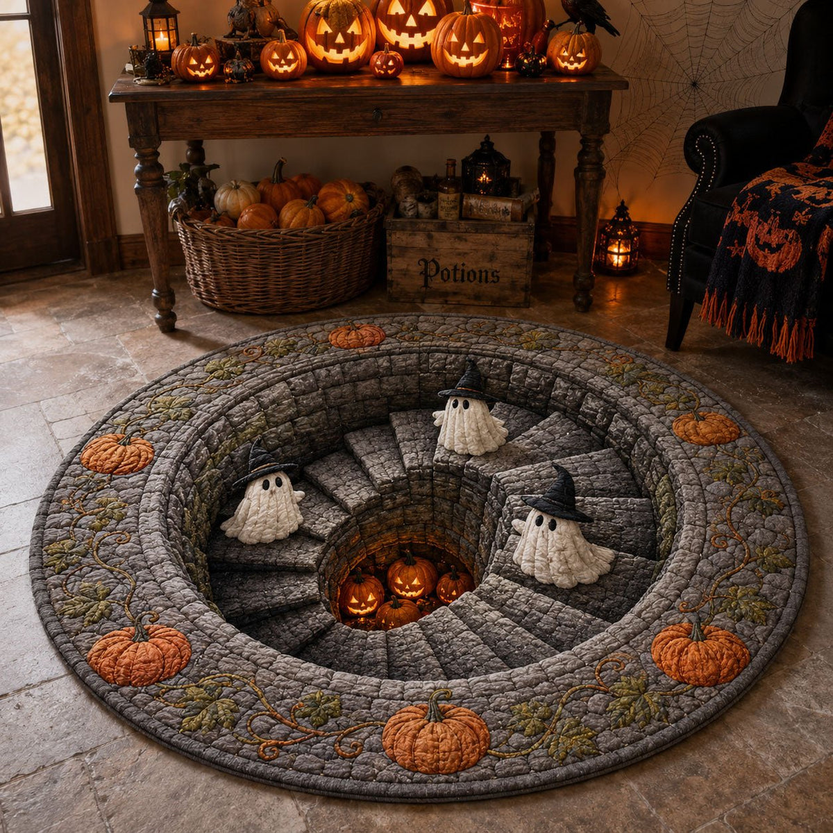 Pumpkin Descent Halloween Round Mat Rug - washable non-slip printed rug