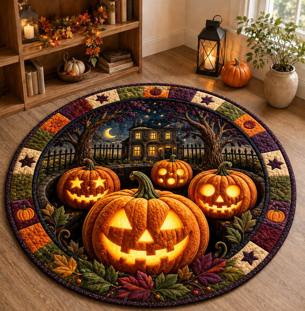 Pumpkin Dreams Round Mat Rug - Seasonal Design | Festive Home Decor - washable non-slip printed rug