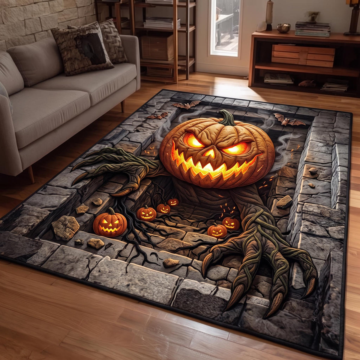 Pumpkin Emergence area rug in a living room