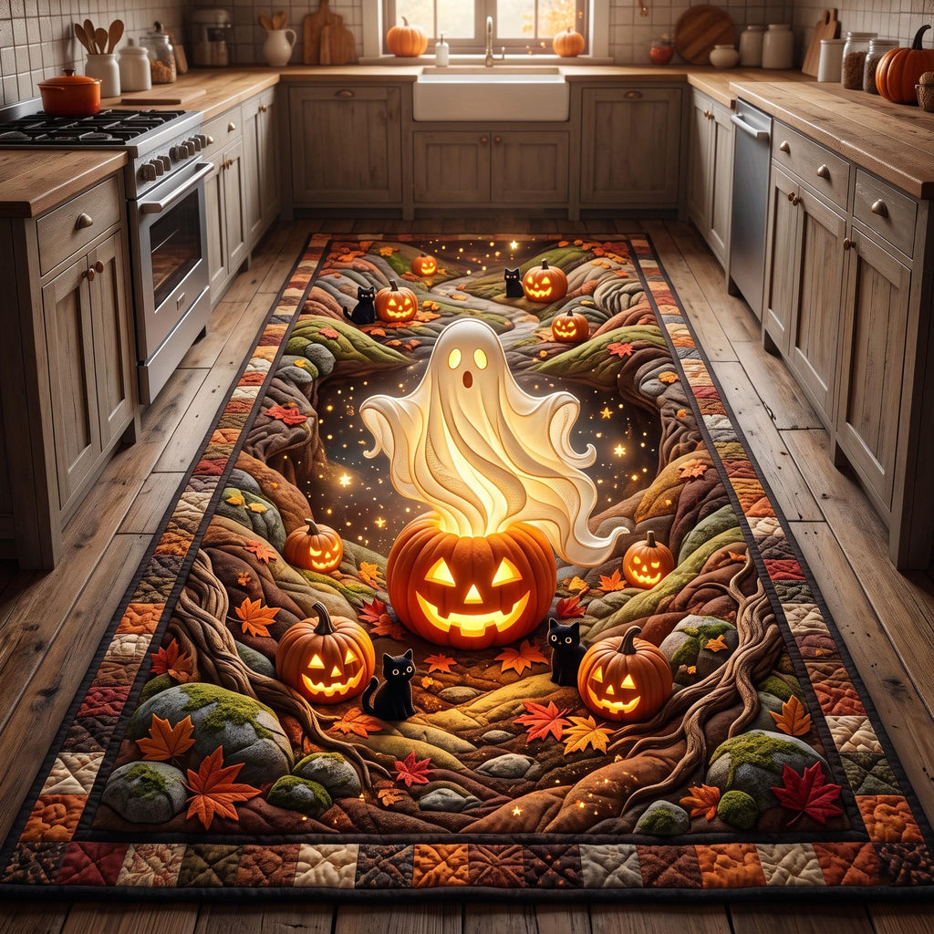 Pumpkin Ghost Runner Rug - Seasonal Design | Festive Runner Rug - washable non-slip printed rug