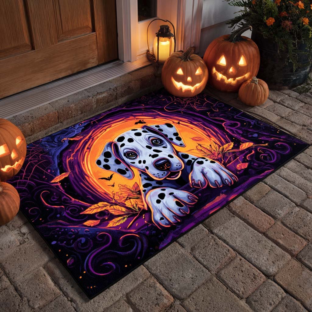 Pumpkin Glow Dalmatian Doormat - Seasonal Holiday Design | Printed Welcome Doormat