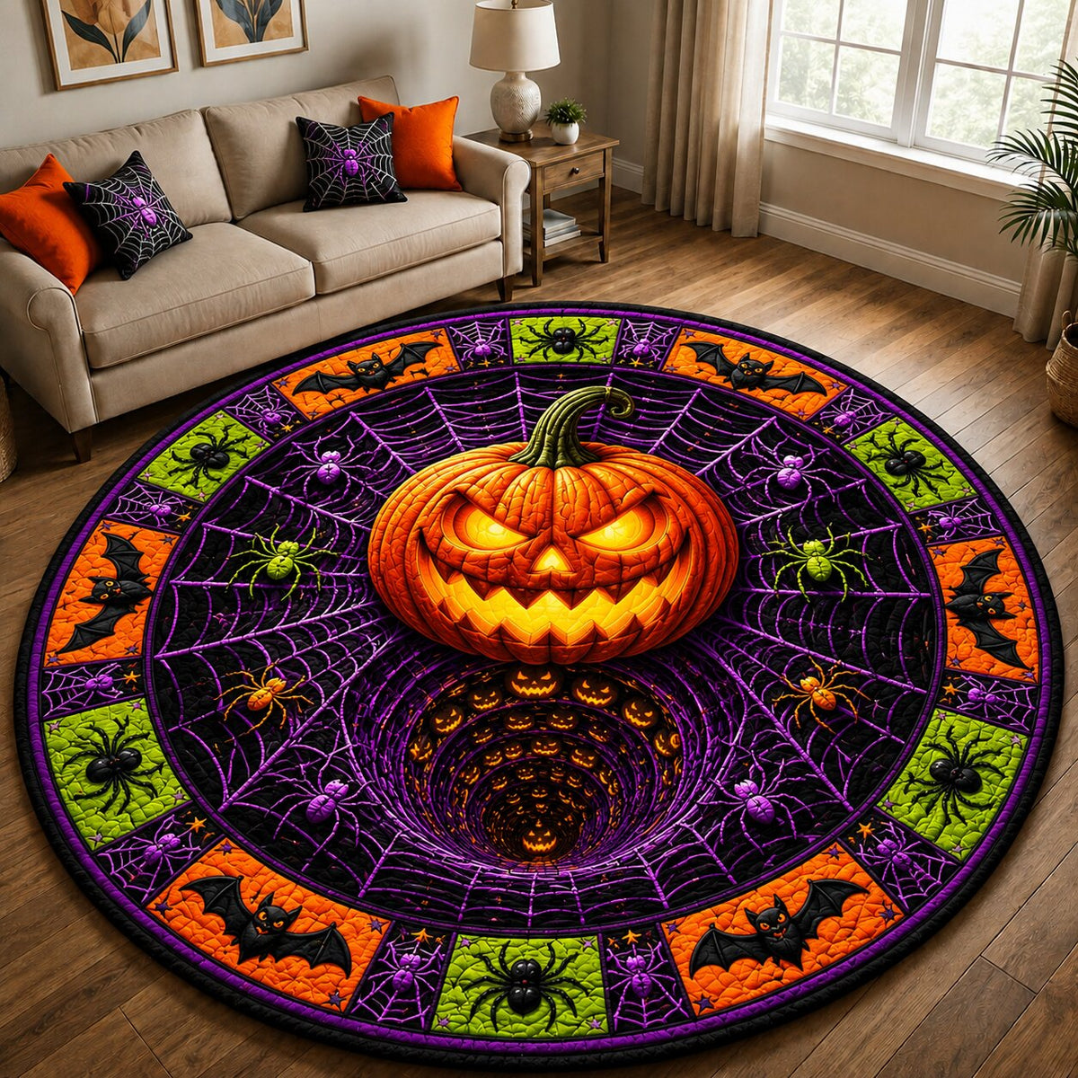 Pumpkin Glow Round Mat Rug - Seasonal Design | Festive Home Decor - washable non-slip printed rug