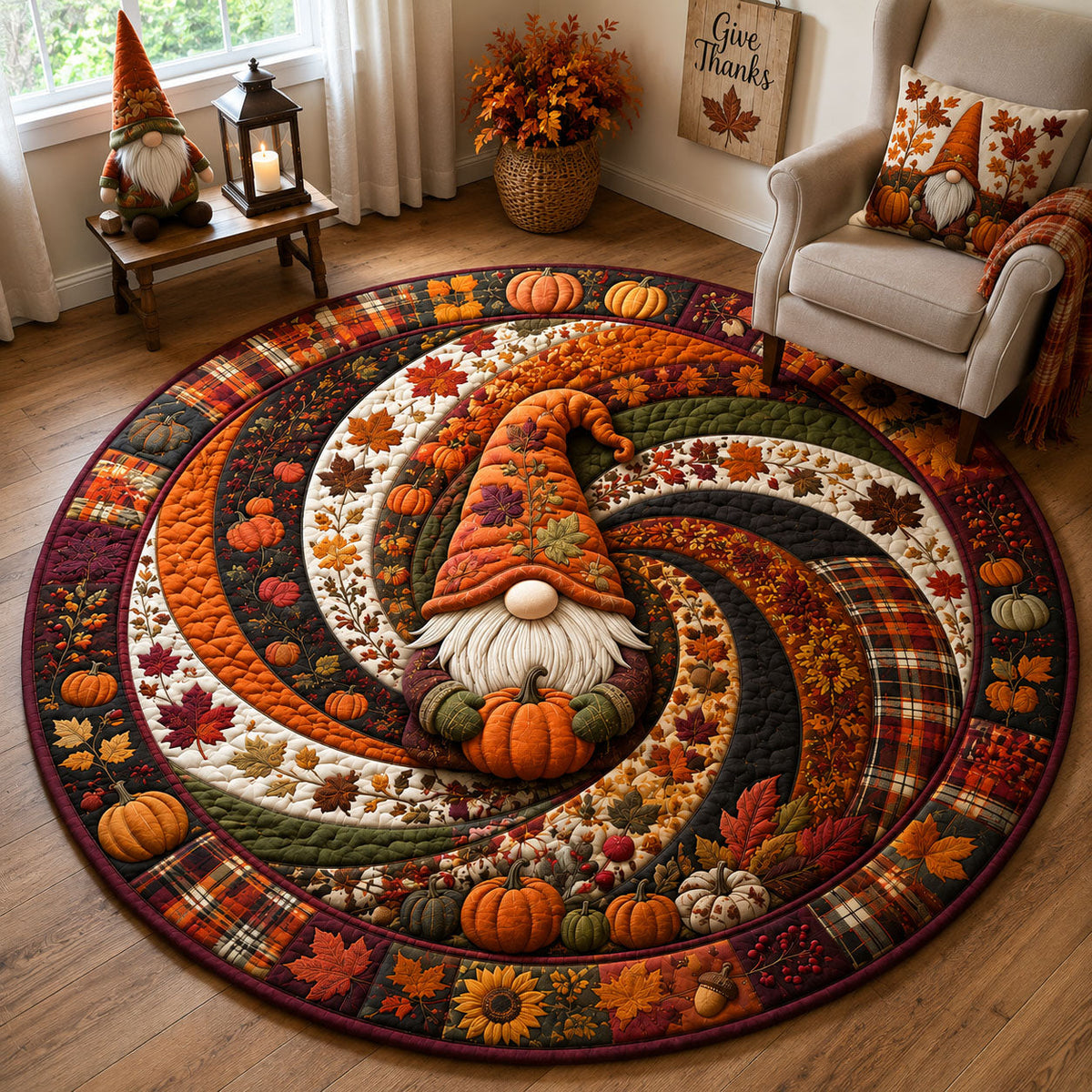 Pumpkin Gnome Swirl Round Mat Rug - Seasonal Design | Festive Home Decor - washable non-slip printed rug