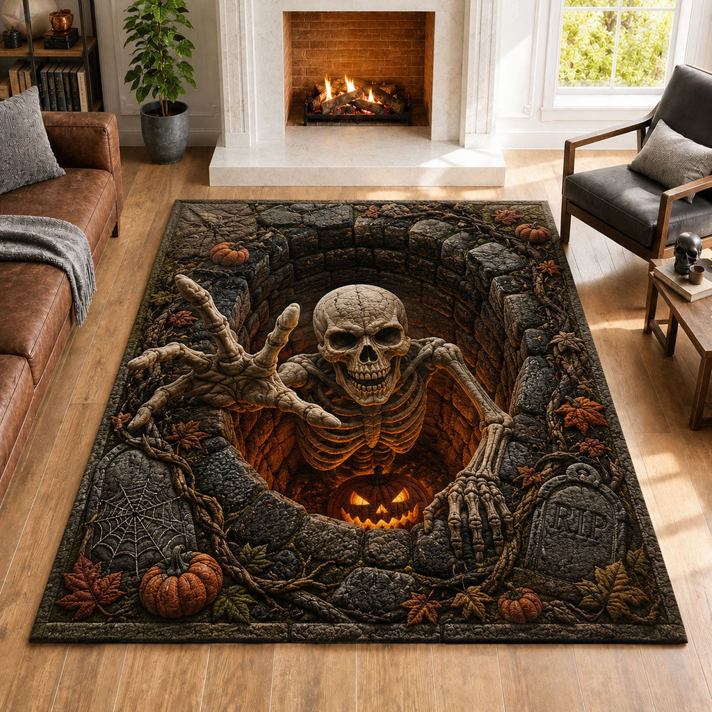Pumpkin Grave Awakening area rug in a living room