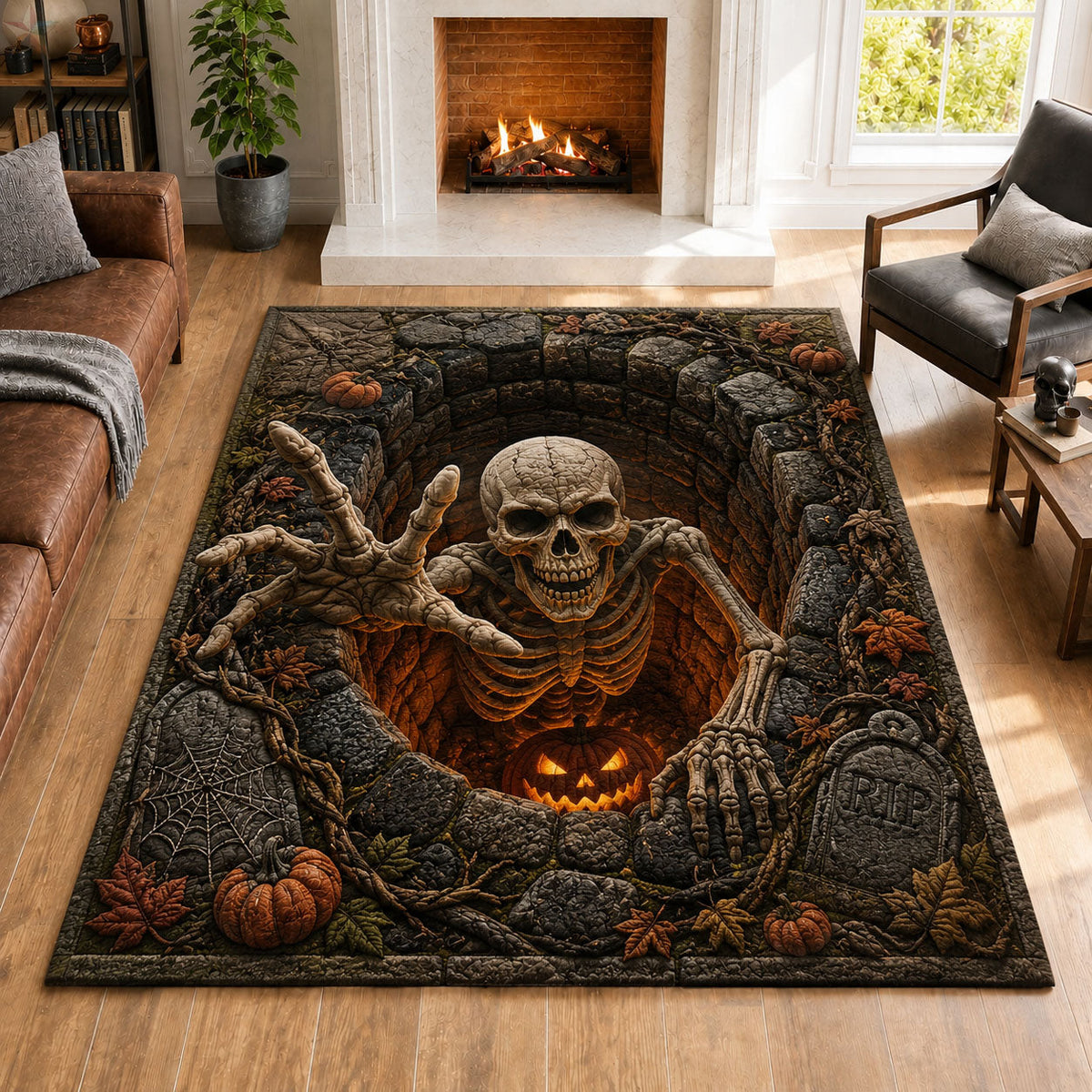 Pumpkin Grave Awakening area rug in a living room