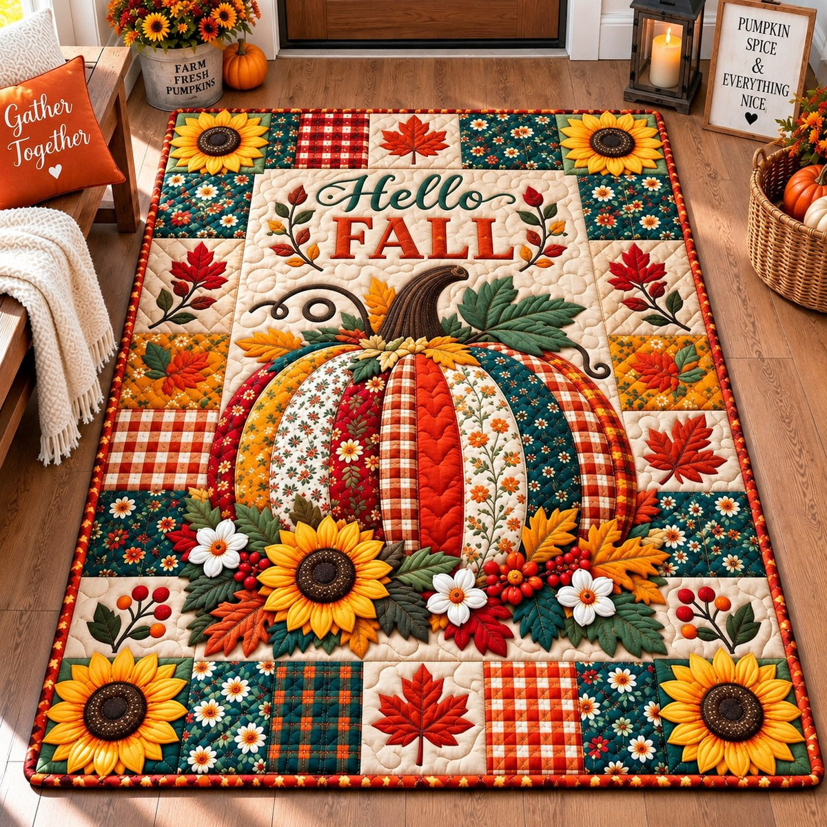 Pumpkin Harvest area rug in a living room