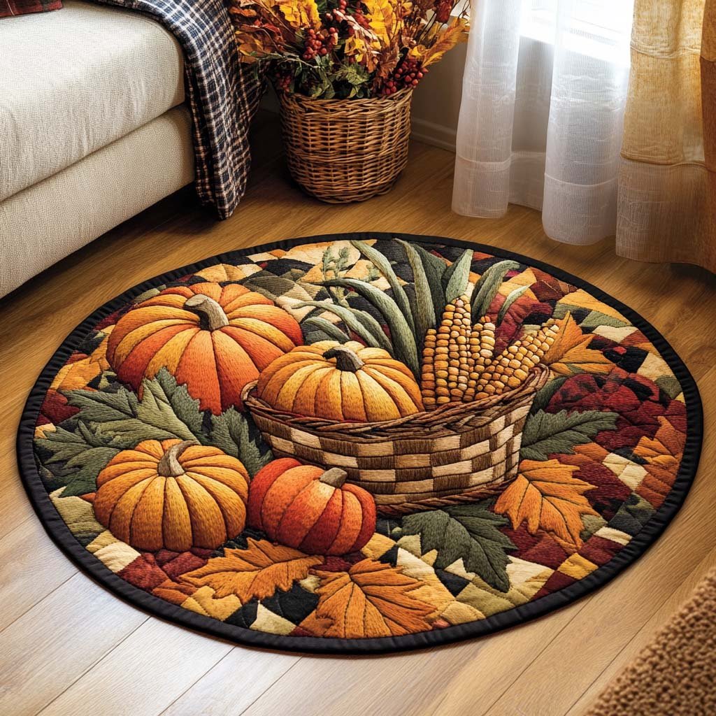 Pumpkin Harvest Halloween Round Mat Rug - washable non-slip printed rug