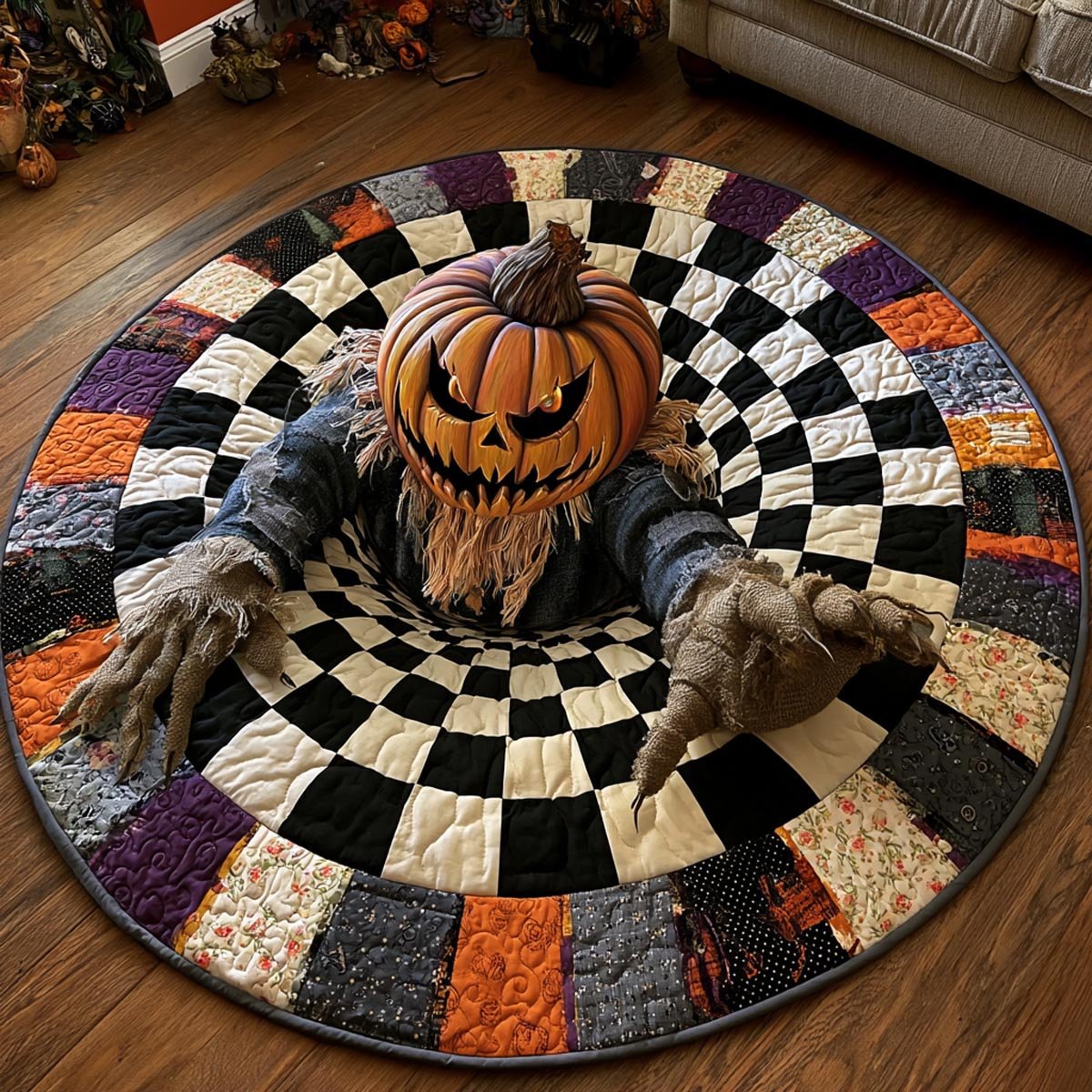 Pumpkin Haunter Halloween Round Mat Rug - washable non-slip printed rug