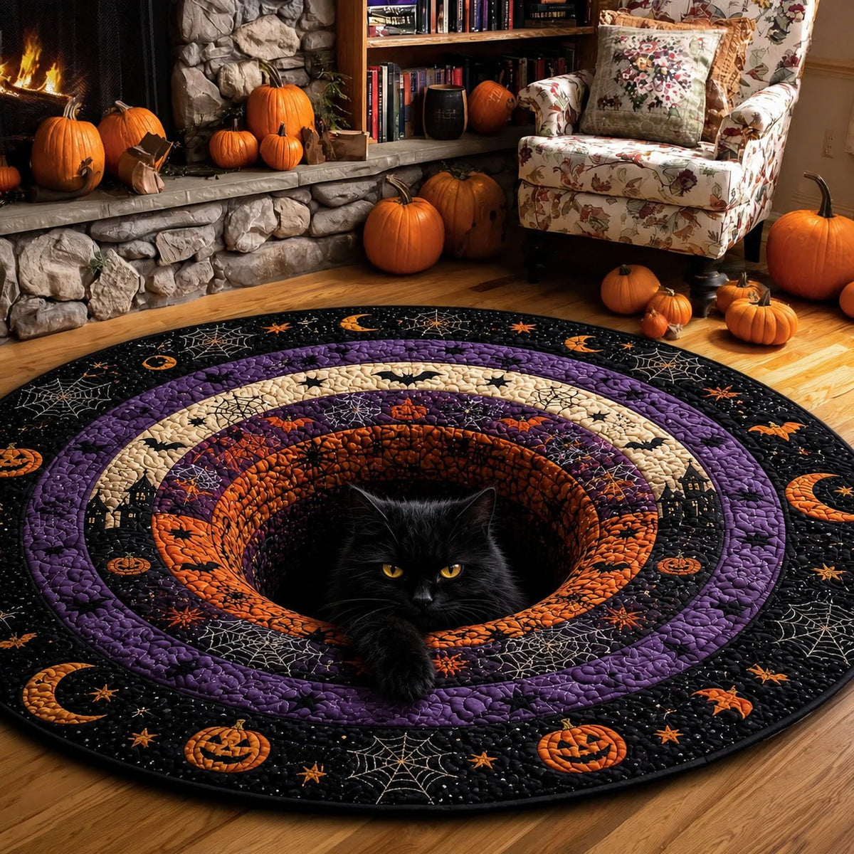 Pumpkin Hearth Halloween Round Mat Rug - washable non-slip printed rug