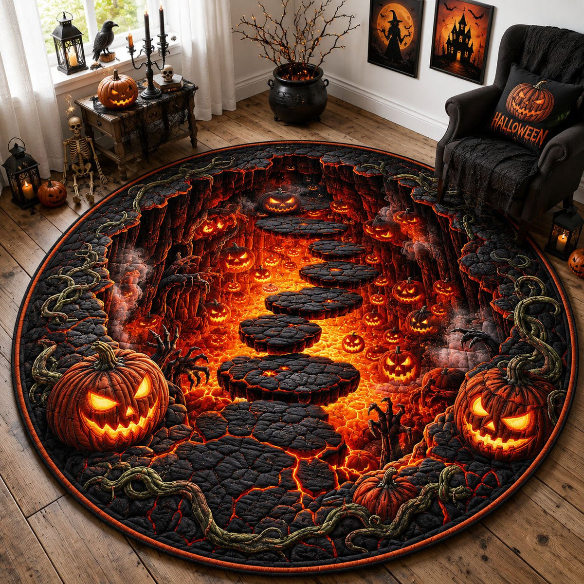 Pumpkin Lava Pit Halloween Round Mat Rug - washable non-slip printed rug