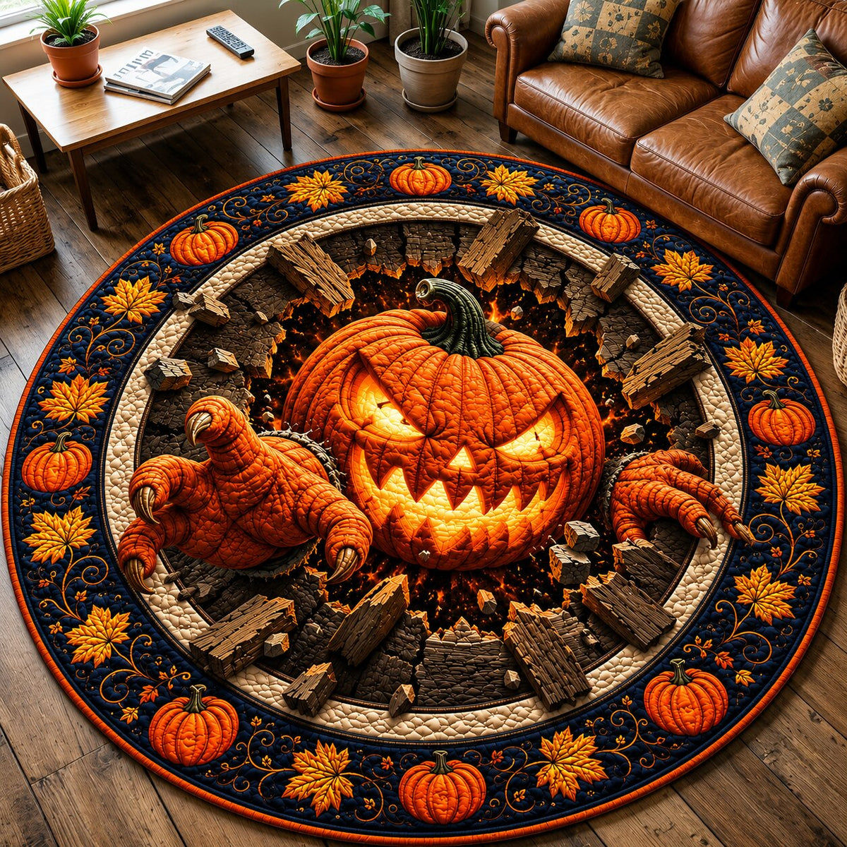 Pumpkin Magic Round Mat Rug - Seasonal Design | Festive Home Decor - washable non-slip printed rug