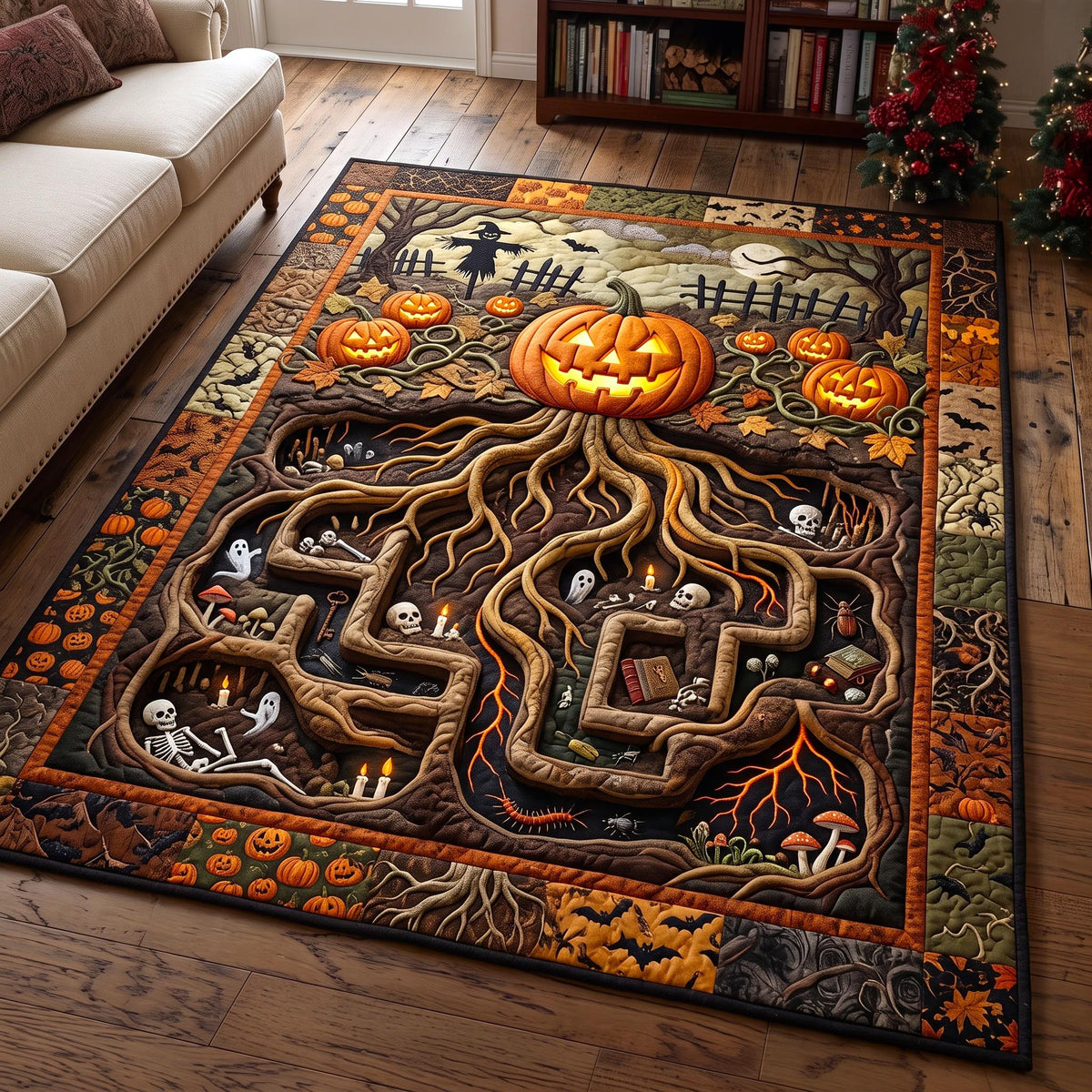 Pumpkin Maze area rug in a living room