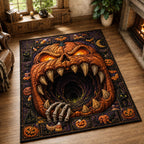 Pumpkin Monster Mouth Portal area rug in a living room